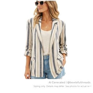Coastal Striped Linen Blend Blazer Jacket Blue Cream Resort Layer Small